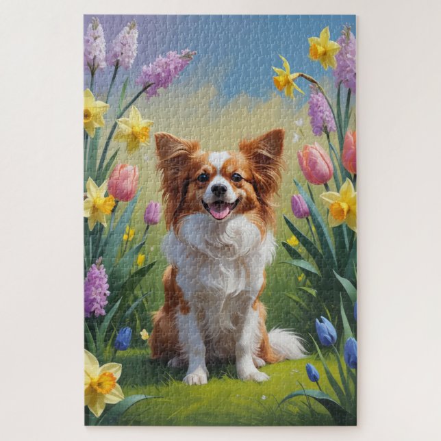 Papillon Dog Spring Flowers Painting  Jigsaw Puzzle (Vertical)