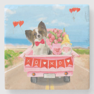 Papillon Dog Valentine's Day Truck Hearts Stone Coaster