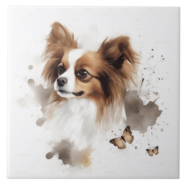 Papillon Dog Watercolor with butterflies Tile (Front)