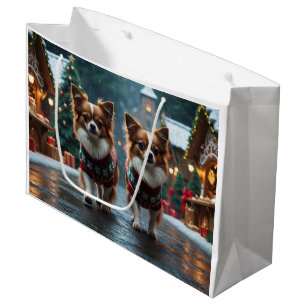 Papillon Dogs Christmas Snow Holiday Large Gift Bag