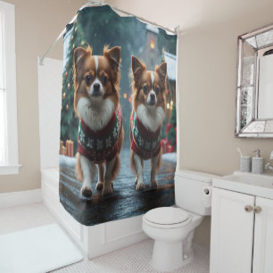 Papillon Dogs Christmas Snow Holiday Shower Curtain