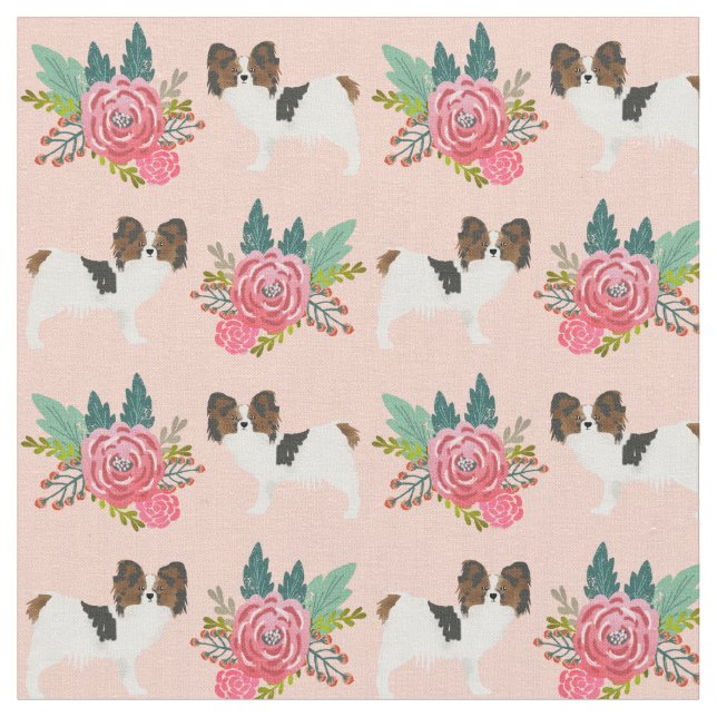 papillon dogs pink florals fabric (Close Up)
