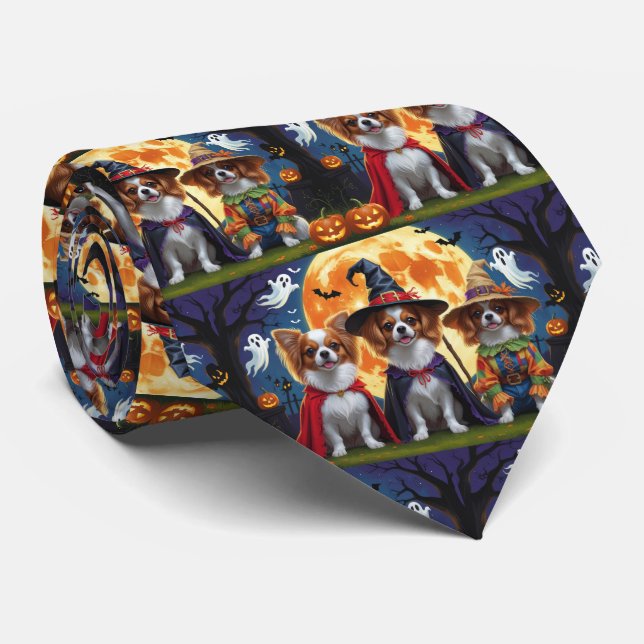 Papillon Dogs Pumpkin Halloween Funny  Tie (Rolled)