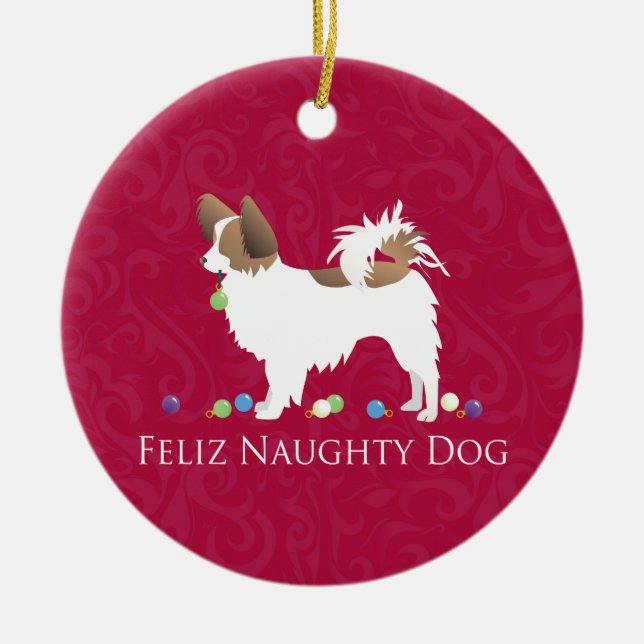 Papillon Feliz Naughty Dog Christmas Ceramic Tree Decoration (Front)