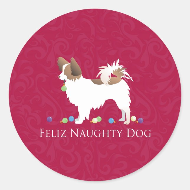 Papillon Feliz Naughty Dog Christmas Classic Round Sticker (Front)