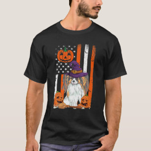 Papillon Halloween USA Flag Witch Hat Papillon Dog T-Shirt