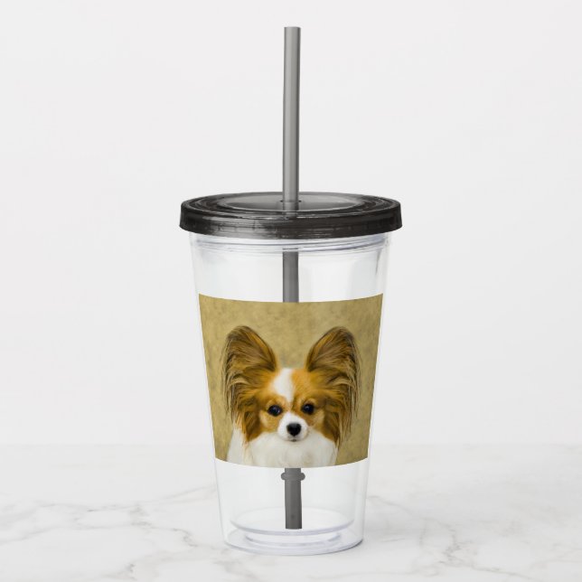 Papillon (Hound Tri) Painting - Original Dog Art Acrylic Tumbler (Front)
