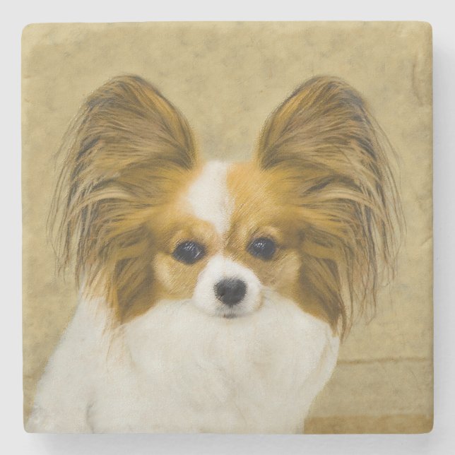Papillon (Hound Tri) Painting - Original Dog Art Stone Coaster (Front)