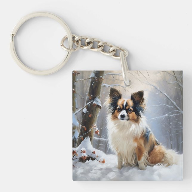 Papillon Let It Snow Christmas  Key Ring (Front)