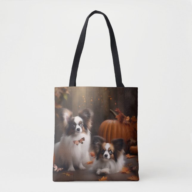 Papillon Puppy Autumn Delight Pumpkin Tote Bag (Front)