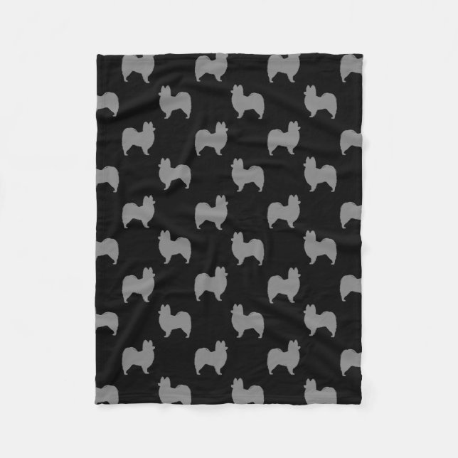 Papillon Silhouettes Pattern Grey and White Fleece Blanket (Front)