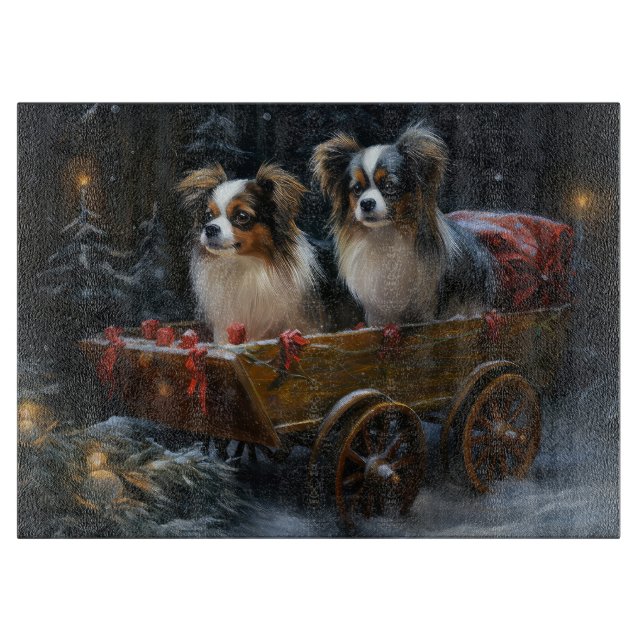 Papillon Snowy Sleigh Christmas Decor  Cutting Board (Front)