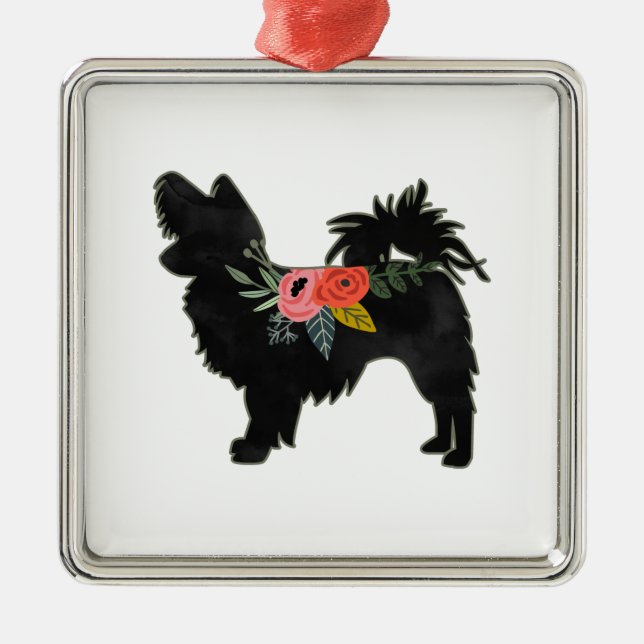 Papillon Toy Dog Breed Boho Floral Silhouette Metal Tree Decoration (Front)