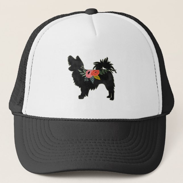 Papillon Toy Dog Breed Boho Floral Silhouette Trucker Hat (Front)