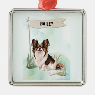 Papillon Watercolor Personalized Dog Metal Tree Decoration