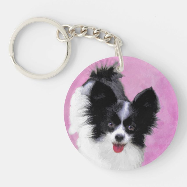Papillon (White and Black) Painting - Dog Art Key Ring (Front)