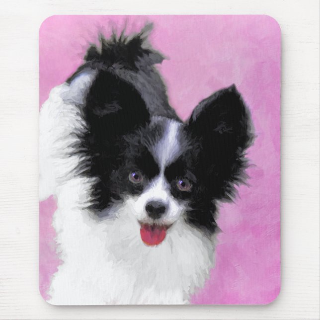 Papillon (White and Black) Painting - Dog Art Mouse Pad (Front)