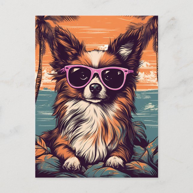 Papillon with Sunglasses at the beach Postcard (Front)