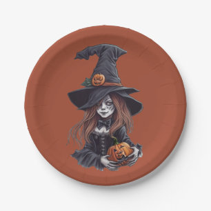 Pappteller 17,78cm Rund Halloween-Hexe mit Kürbis Paper Plate