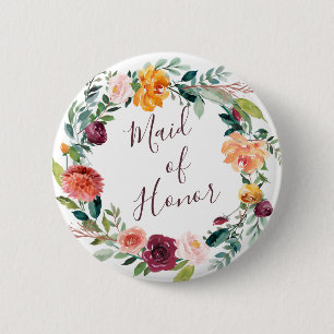 Paprika Burgundy Floral Maid of Honour Button