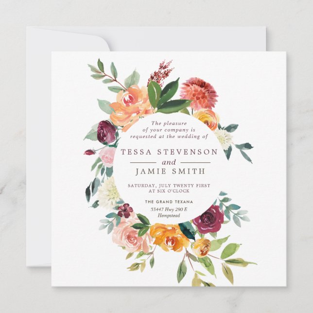 Paprika Burgundy Floral Square Wedding Invitation (Front)