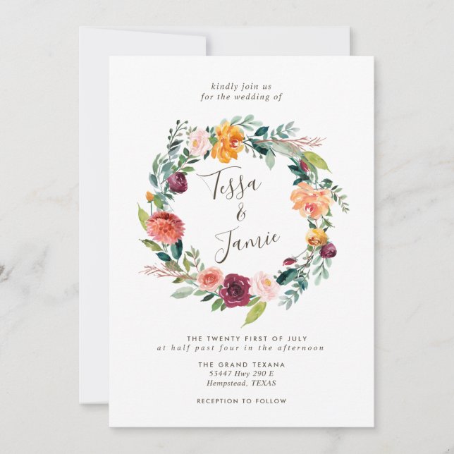 Paprika Burgundy Floral Wreath Wedding Invitation (Front)