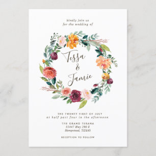 Paprika Burgundy Floral Wreath Wedding Invitation