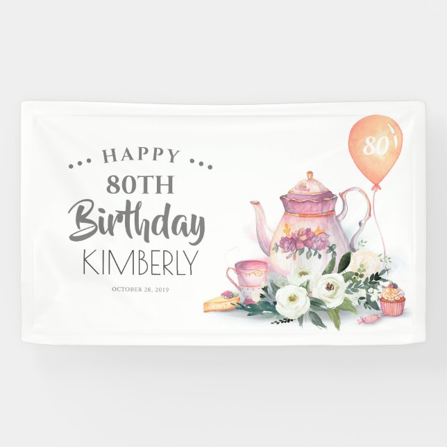 Par-Tea Floral Teapot Happy Birthday Banner (Horizontal)