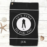 Par Tee Golfer Funny Humour Monogram Black For Him Golf Towel<br><div class="desc">Funny custom design features a male golfer silhouette in classic black set on a white shape bordered with curved text "It's Time To Par Tee!" in crisp white font. You will also find a modern template for a monogrammed name, initials or custom text. The background is solid black. If you...</div>