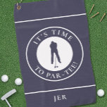 Par Tee Golfer Funny Humour Monogram Blue For Him Golf Towel<br><div class="desc">Funny custom design features a male golfer silhouette in classic dark blue set on a white shape bordered with curved text "It's Time To Par Tee!" in crisp white font. You will also find a modern template for a monogrammed name, initials or custom text. The background is solid blue. If...</div>