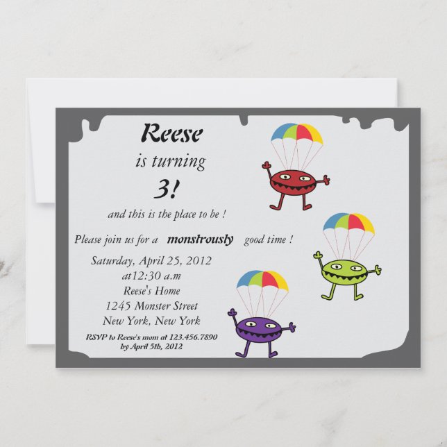 Parachute drop- monster birthday invitation-1 invitation (Front)