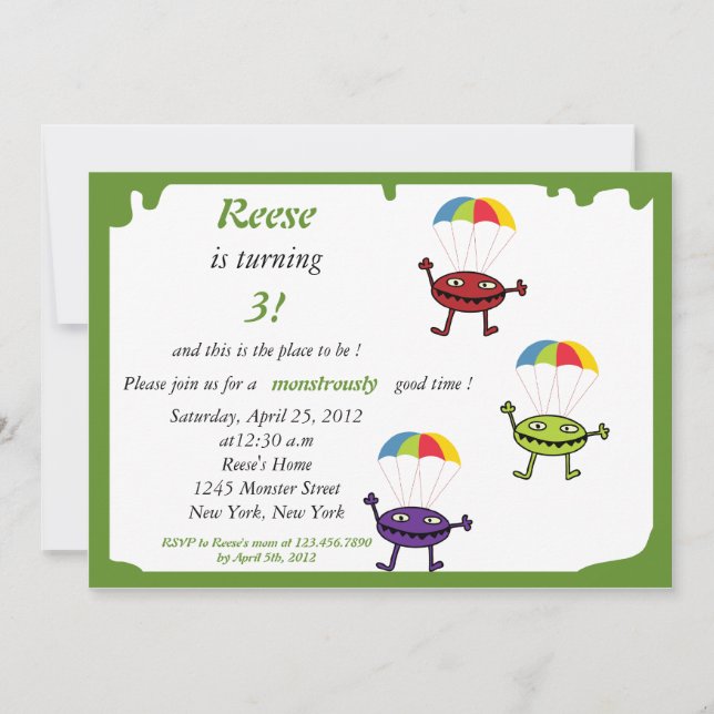 Parachute drop- monster birthday invitation-6 invitation (Front)