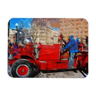 Parading Antique Fire Truck Abstract Impressionism Magnet