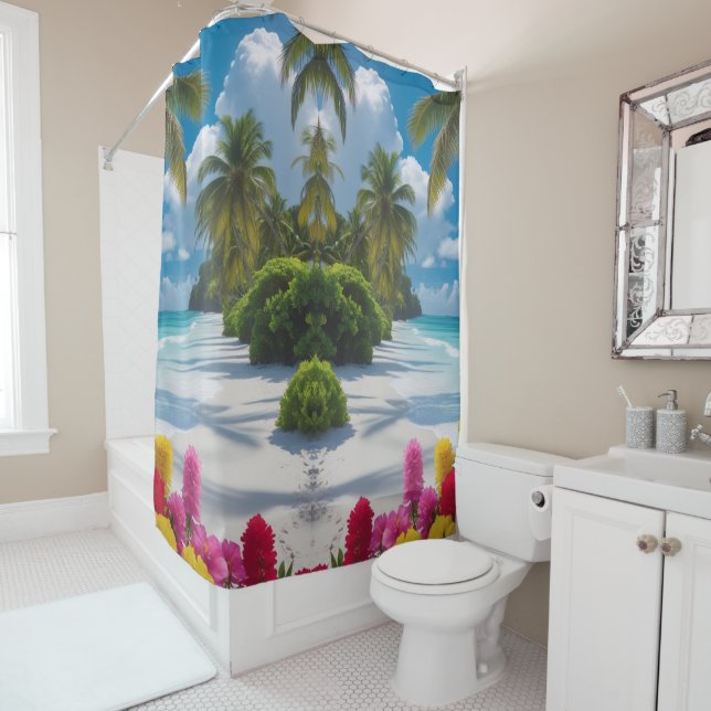 "Paradise Awaits: Coastal Bloom Shower Art Shower Curtain (In Situ)
