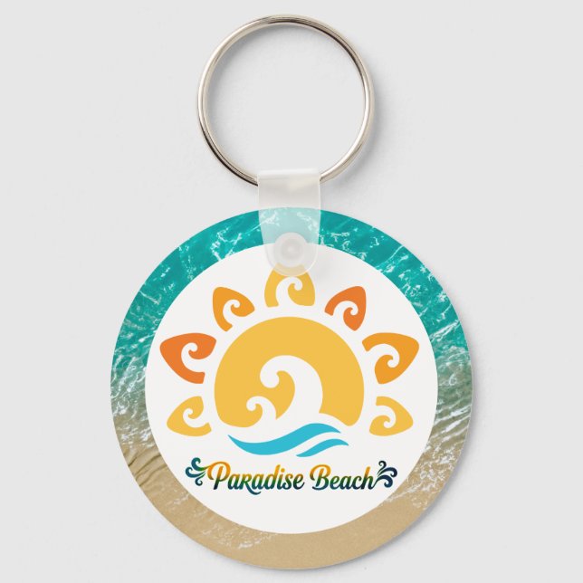  Paradise Beach, Retro Sun and Tropical Ocean Wave Key Ring (Front)