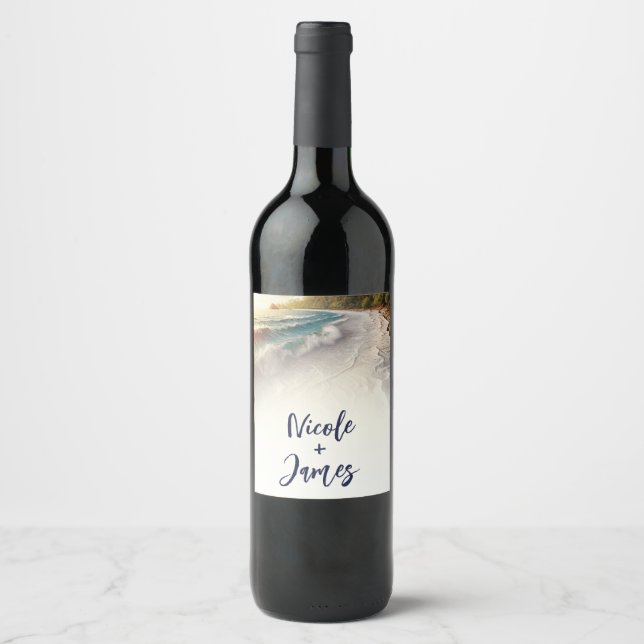 Paradise Beach Sunset Rustic Coastal Wedding Wine Label (Front)