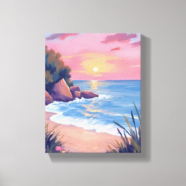 Paradise Cove | Pink Watercolor Ocean Waves Sunset Canvas Print (Front)