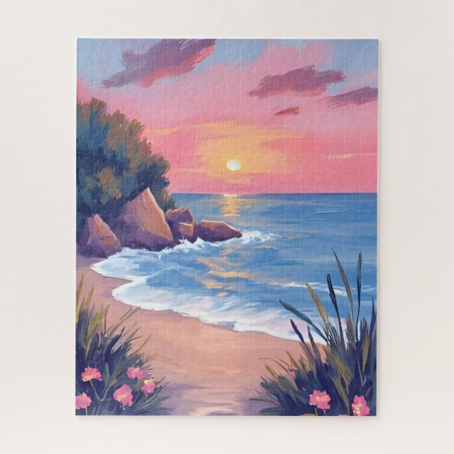 Paradise Cove | Pink Watercolor Ocean Waves Sunset Jigsaw Puzzle (Vertical)