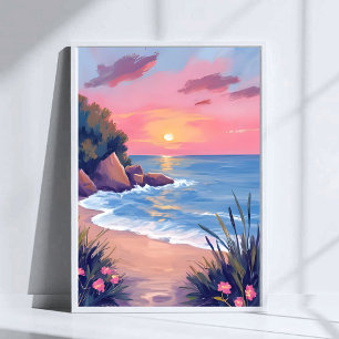 Paradise Cove Pink Watercolor Ocean Waves Sunset Poster
