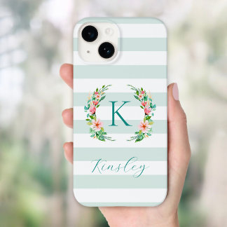 Paradise Floral and Mint Stripes Monogram Case-Mate iPhone 14 Case