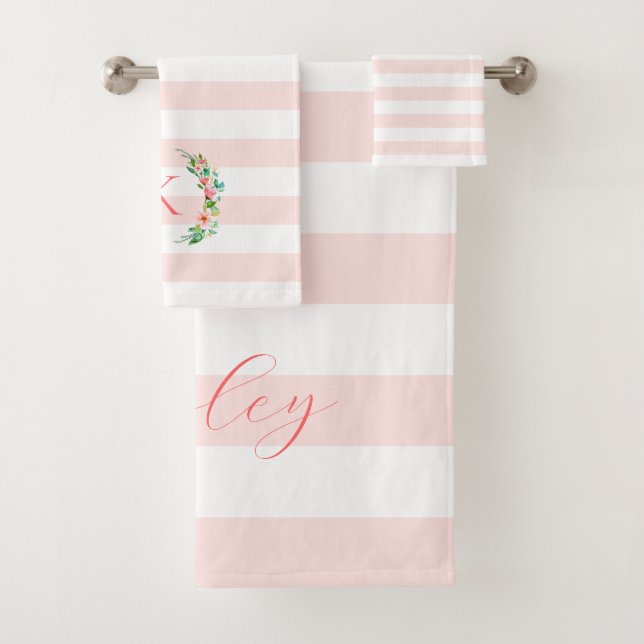 Paradise Floral and Stripes Monogram Bath Towel Set (Insitu)