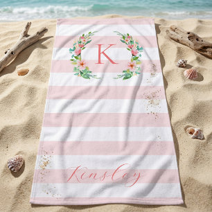 Paradise Floral and Stripes Monogram Beach Towel