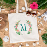 Paradise Floral Monogram Tote Bag<br><div class="desc">Custom wedding bridal party tote bags personalised with your monogram initial or other custom text. This elegant feminine design has a watercolor floral wreath tropical flowers and greenery. Use the design tools to personalise each monogram, choose any background colour, edit text fonts and colours and add photos to create a...</div>