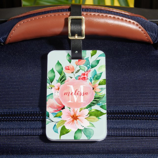 Paradise Floral Watercolor Monogram Luggage Tag (Front Insitu 2)