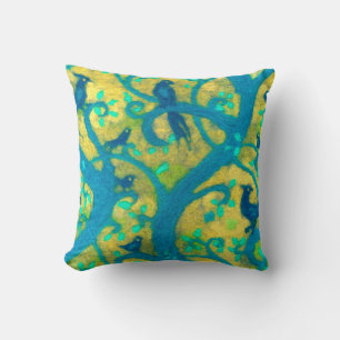 Paradise garden, wool painting, blue birds, fibre cushion