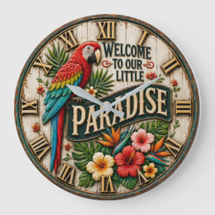 Paradise Parrot Tropical Colorful Macaw Island Large Clock