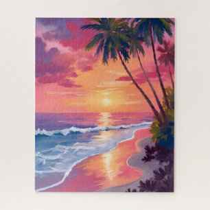 Paradise Sunset   Pink Tropical Watercolor Beach Jigsaw Puzzle