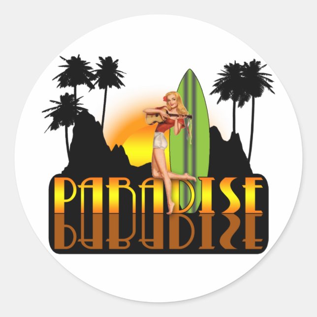 Paradise Surfer Girl Classic Round Sticker (Front)
