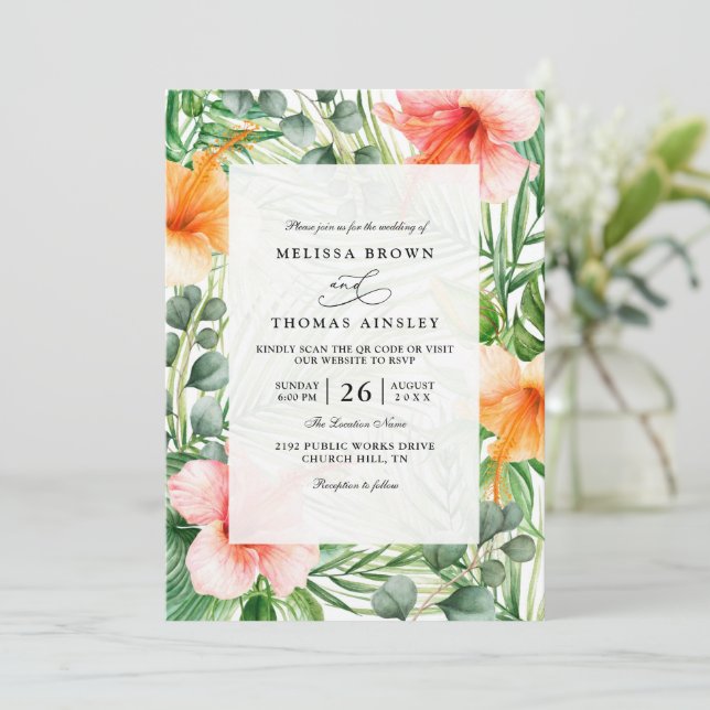 Paradise Tropical Hibiscus Floral QR Code Wedding Invitation (Standing Front)