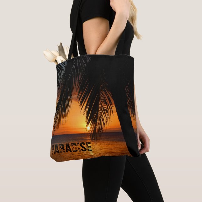 Paradise Tropical Palm Tree Orange Ocean Sunset Tote Bag (Close Up)